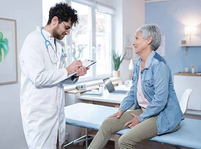 Ein internationaler Arzt spricht mit seiner Patientin in seiner eigenen Praxis.